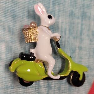 White Rabbit on Green Scooter Brooch
